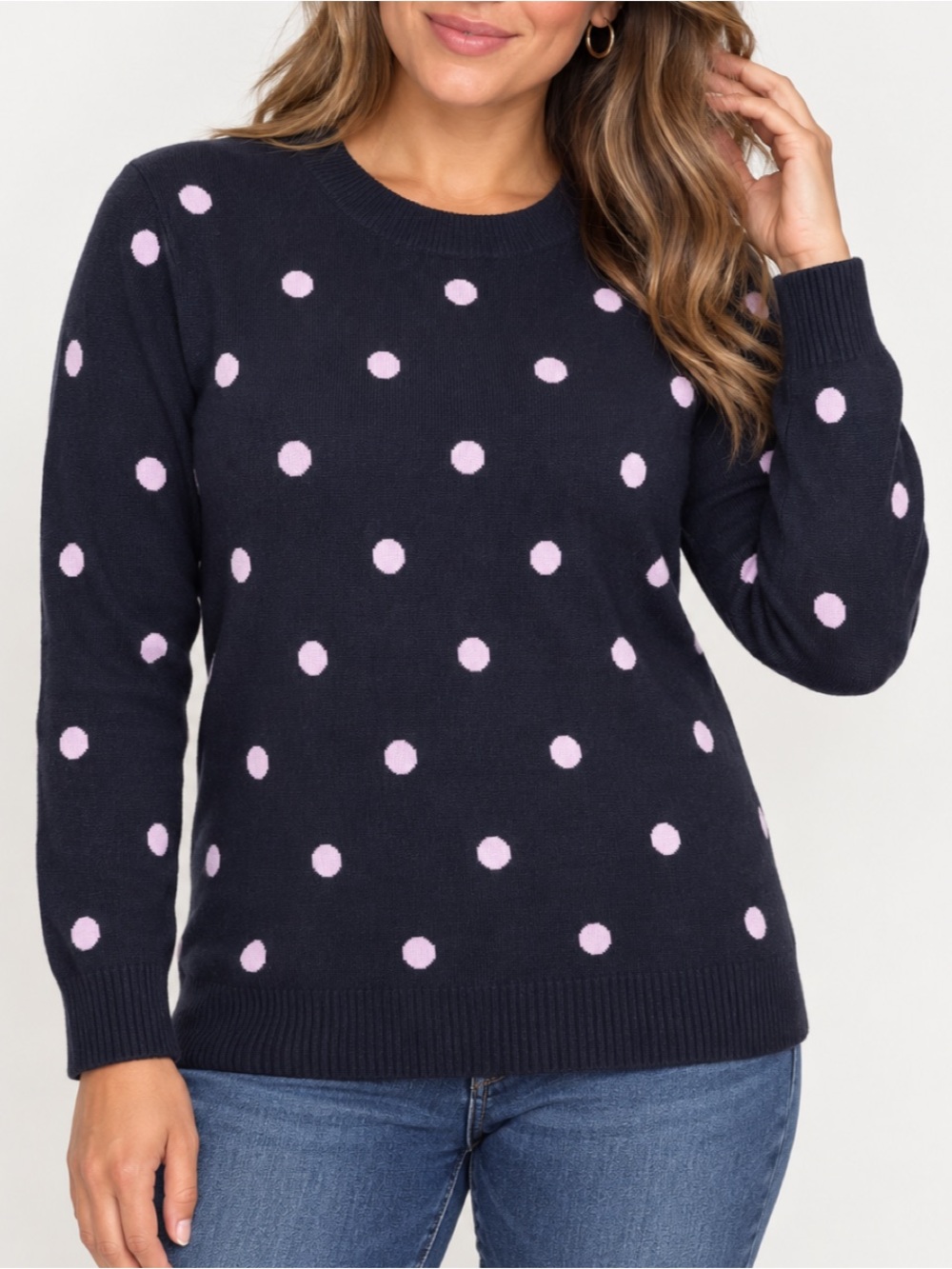J.Crew Italian Cashmere Sweater Womens Small Navy Lavender Polka Dot Crewneck
